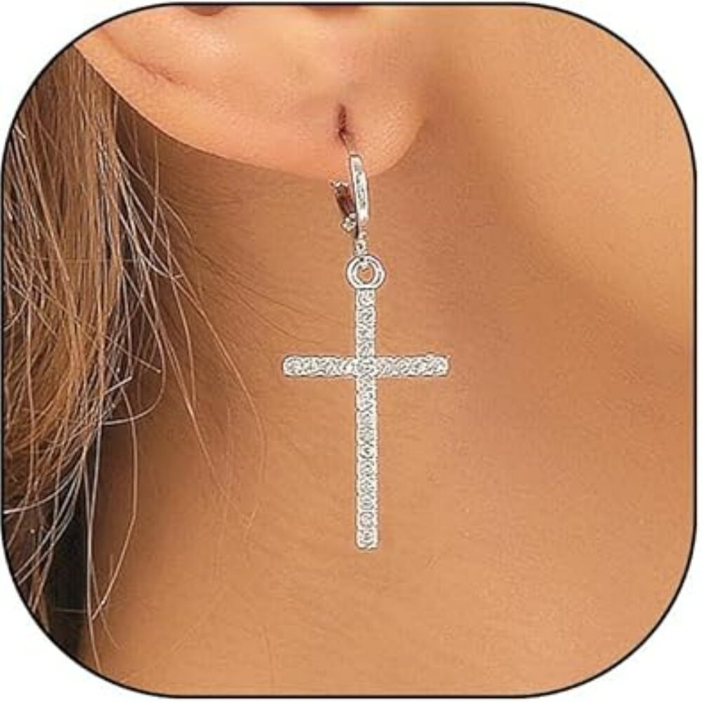Silver Cross Earrings Vintage Cubic Zirconia Cross Hoop Earrings Dainty
